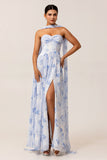 Blue Flower A-Line Strapless Chiffon Print Convertible Long Bridesmaid Dress with Slit