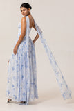 Blue Flower A-Line Strapless Chiffon Print Convertible Long Bridesmaid Dress with Slit