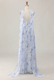 Blue Flower A-Line Strapless Chiffon Print Convertible Long Bridesmaid Dress with Slit