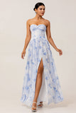Blue Flower A-Line Strapless Convertible Chiffon Print Floral Dress with Slit