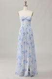 Blue Flower A-Line Strapless Convertible Chiffon Print Floral Dress with Slit