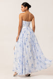 Blue Flower A-Line Strapless Chiffon Print Convertible Long Bridesmaid Dress with Slit