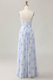 Blue Flower A-Line Strapless Convertible Chiffon Print Floral Dress with Slit