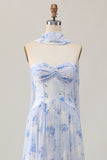 Blue Flower A-Line Strapless Convertible Chiffon Print Floral Dress with Slit