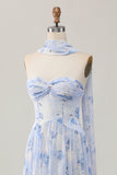 Blue Flower A-Line Strapless Convertible Chiffon Print Floral Dress with Slit