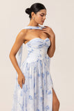 Blue Flower A-Line Strapless Chiffon Print Convertible Long Bridesmaid Dress with Slit