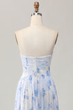 Blue Flower A-Line Strapless Convertible Chiffon Print Floral Dress with Slit
