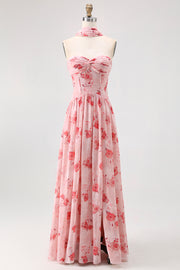 Dusty Rose A-Line Strapless Ruched Print Floral Convertible Chiffon Dress with Slit