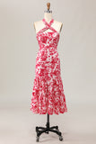 Red Flower Mermaid Halter Printed Midi Wedding Guest Dress