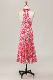 Red Flower Mermaid Halter Printed Midi Wedding Guest Dress