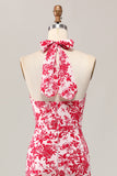Red Flower Mermaid Halter Printed Midi Wedding Guest Dress