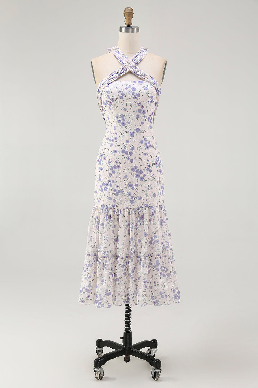 WEDTREND Women Blue Floral Midi Bridesmaid Dress Halter Neck A-Line Tiered Chiffon Wedding Guest Dress, Blue Flower / US6