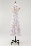 Blue Floral Halter Neck A-Line Tiered Chiffon Midi Bridesmaid Dress