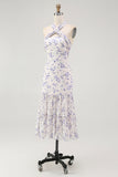 Blue Floral Halter Neck A-Line Tiered Chiffon Midi Bridesmaid Dress