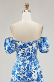Blue Flower A-line Off The Shoulder Convertible Long Bridesmaid Dress with Slit