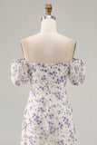 Blue Flower A-Line Off The Shoulder Chiffon Long Bridesmaid Dress with Slit