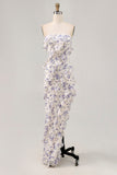 Blue Flower Sheath Strapless Printed Ruffled Wedding Guest Dress