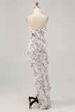 Blue Flower Sheath Strapless Printed Ruffled Wedding Guest Dress