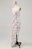 Blue Flower Sheath Strapless Printed Ruffled Wedding Guest Dress