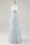 Blue Flower A-Line Spaghetti Straps Cut Out Long Chiffon Floral Dress