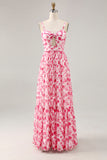 A-Line Spaghetti Straps Cut Out Long Pink Flower Chiffon Dress