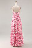 A-Line Spaghetti Straps Cut Out Long Pink Flower Chiffon Dress