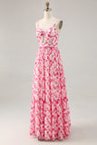 A-Line Spaghetti Straps Cut Out Long Pink Flower Chiffon Dress