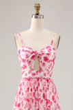 A-Line Spaghetti Straps Cut Out Long Pink Flower Chiffon Dress