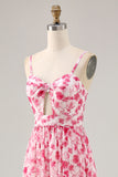 A-Line Spaghetti Straps Cut Out Long Pink Flower Chiffon Dress