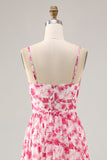 A-Line Spaghetti Straps Cut Out Long Pink Flower Chiffon Dress