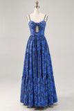 A-Line Cut-Out Dark Blue Maxi Rose Floral Jacquard Dress with Pockets
