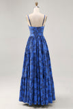 A-Line Cut-Out Dark Blue Maxi Rose Floral Jacquard Dress with Pockets