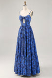 A-Line Cut-Out Dark Blue Maxi Rose Floral Jacquard Dress with Pockets