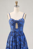 A-Line Cut-Out Dark Blue Maxi Rose Floral Jacquard Dress with Pockets