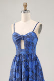 A-Line Cut-Out Dark Blue Maxi Rose Floral Jacquard Dress with Pockets