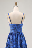 A-Line Cut-Out Dark Blue Maxi Rose Floral Jacquard Dress with Pockets