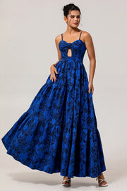 Dark Blue A Line Cut-Out Rose Floral Jacquard Dress with Pockets