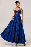 Dark Blue A Line Cut-Out Rose Floral Jacquard Dress with Pockets