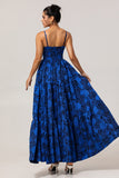 A-Line Cut-Out Dark Blue Maxi Rose Floral Jacquard Dress with Pockets