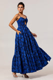 Dark Blue A Line Cut-Out Rose Floral Jacquard Dress with Pockets