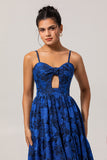 Dark Blue A Line Cut-Out Rose Floral Jacquard Dress with Pockets