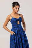 Dark Blue A Line Cut-Out Rose Floral Jacquard Dress with Pockets