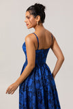 Dark Blue A Line Cut-Out Rose Floral Jacquard Dress with Pockets