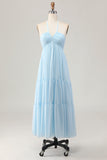 Sky Blue A Line Halter Long Wedding Guest Dress with Lace Up Back