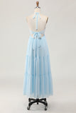 Sky Blue A Line Halter Long Wedding Guest Dress with Lace Up Back