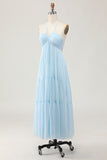 Sky Blue A Line Halter Long Wedding Guest Dress with Lace Up Back
