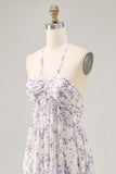 Blue Flower A-Line Halter Chiffon Midi Dress with Lace Up Back