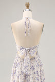 Blue Flower A-Line Halter Chiffon Midi Dress with Lace Up Back