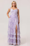 Lavender Floral A-Line Corset Chiffon Print Long Plus Size Bridesmaid Dress with Slit