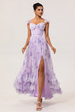 Lavender A-line Corset Lace Up Back Print Long Bridesmaid Dress with Slit